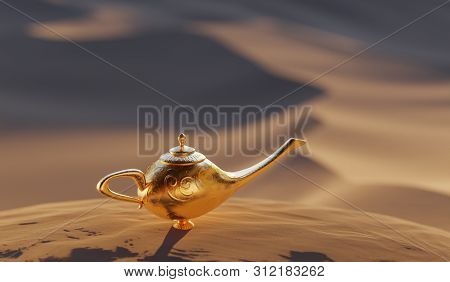 Magical Aladdin Lamp With Genie. Desert In Background. 3d Rendered Illustration.