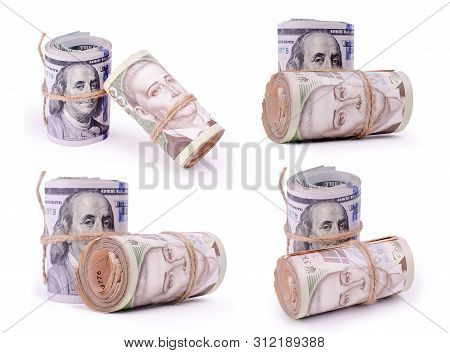 Set Of Photos Of Tubes Of United States Dollars And Ukrainian Hryvnia Uah Banknotes Isolated On A Wh