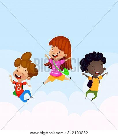Happy Multiracial Kids Jumping And Laughing. Happiness, Friedship And Fun Concept. Vector
