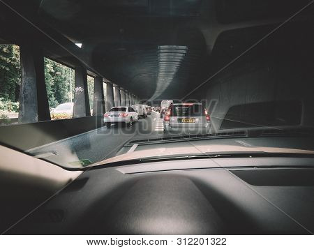Paris, France - Jul 15, 2018: Driver Pov Personal Perspective And The Front Driving Volvo V70 Car In