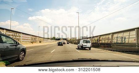 Paris, France - Jul 15, 2018: Wide Image Driver Pov Personal Perspective And The Front Driving Renau