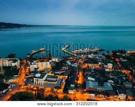 Evening Resort Town Sukhum, Abkhazia Aerial View From Drone.