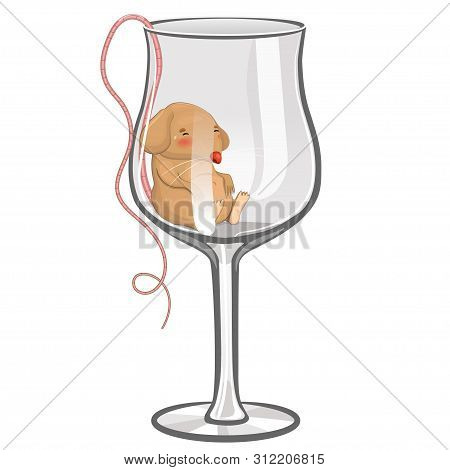 Drunk Mouse Sleeps In A Glass. Christmas Illustration Isolated On White Background. Vector Image.