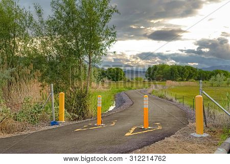 Yellow Traffic Delineator Posts On A Road With View Of Trees And Mountain