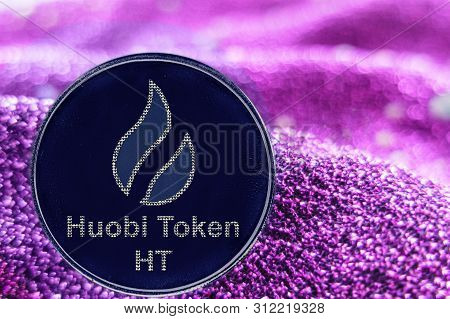 Token Cryptocurrency Huobi Token  And Neon Fabric Background. Ht