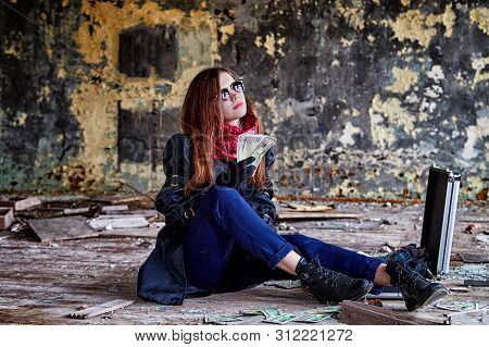 Girl In A Black Cloak With A Diplomat And Money In A Ruined Room. A Spy In A Secret Meeting. Unusual