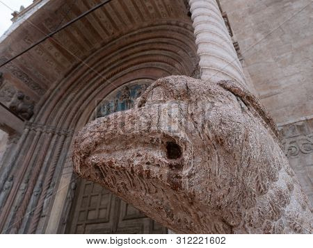 Cathedral Of Verona, External Romanesque Architecture With Bestiaries Carved In Marble