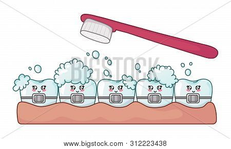 Happy Clean And Shining Kawaii Teeth With Braces And Soap Suds, Toothbrush - Cartoon Characters On W