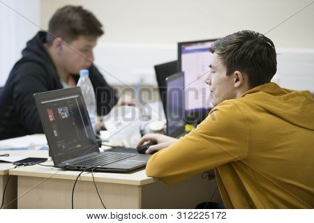Belarus, Gimel, March 2, 2019. Business Center. Hackathon City. Young Programmers At The Computer.