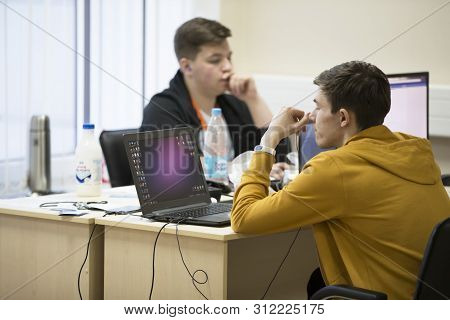 Belarus, Gimel, March 2, 2019. Business Center. Hackathon City. Young Programmers At The Computer.