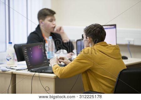 Belarus, Gimel, March 2, 2019. Business Center. Hackathon City. Young Programmers At The Computer.