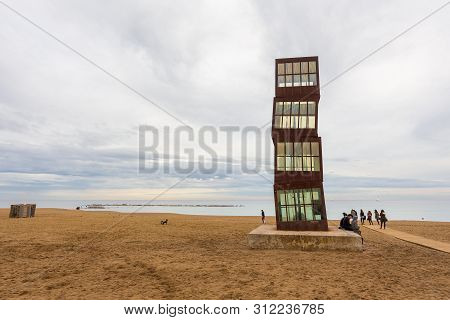 Barcelona, Spain- 09 November 2014: View Of La Estrella Herida, The Wounded Star, Monument Paying Ho
