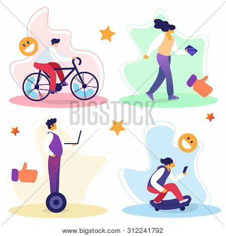 Online Streaming Vlogging And Blogging Set. People Recording Own Sport Activity On Phone, Young Blog