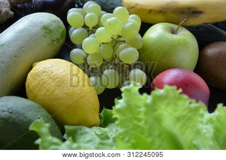 Healthy Food Clean Eating Selection: Fruit, Vegetable, Seeds, Superfood, Cereal, Leaf Vegetable On G