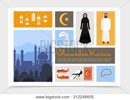 Flat Arabic Culture Composition With Ramadan Kareem Lanterns Muslim Man And Woman Islam Symbol Rosar