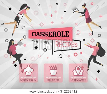 Pink Vector Illustration Concept. Casserole Recipes Cover Book.  Healthy Cooking Recipe And Deliciou