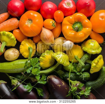 Summer Vegetables Of Different Colors. The Alternation Of Colors In A Rainbow. For Salad Or For A Ve