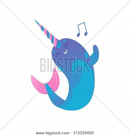 Cute Cartoon Pink And Blue Narwhal With Gradient Sings And Dances.