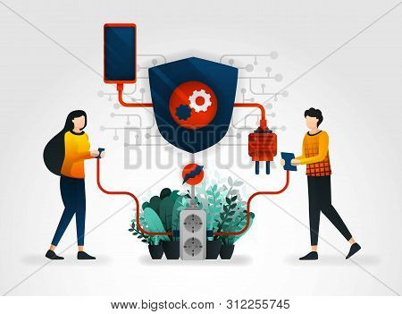 Vector Flat Cartoon Character. People Are Sharing Electricity In A Terminal Has Been Protected By Se
