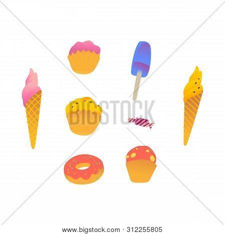 Sweet-stuffs Set With Ice Cream And Cupcake And Candy And Donut Cartoon Style