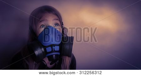 Young Girl Wearing Gasmask, Respirator Portrait. Effects Of Worldwide Air Pollution, Industrial Infl