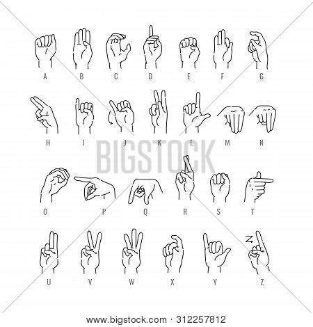 Deaf English Alphabet In Line Art Isolated On White Background.