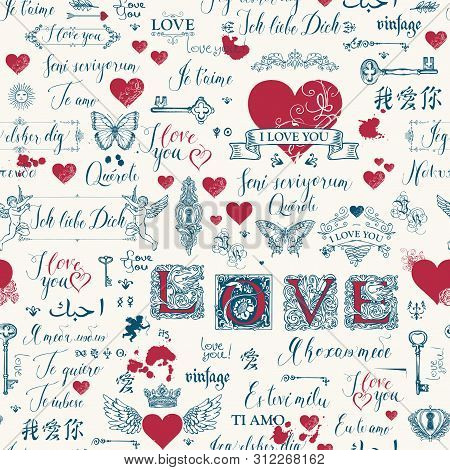 Vector Seamless Pattern With Hearts, Butterflies, Cupids, Initial Letters, Keys, Keyholes And Love T