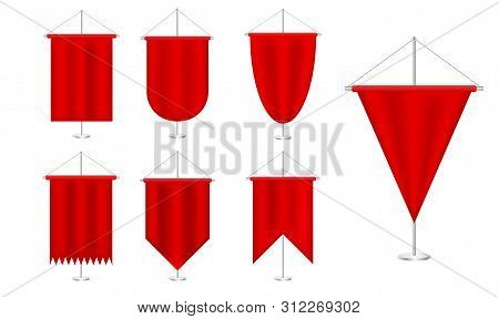 Signal Red Long Sport Advertising Pennants Banners Set Samples On Pole Stand. Satin Red Various Shap