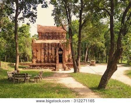Great Ruins Of Old Mysterious Temple Built From Bricks From 5th Century. Various Architectural Build