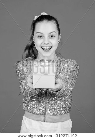 My Precious. Girl With Gift Box Blue Background. Black Friday. Shopping Day. Cute Adorable Child Car