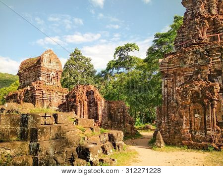 Great Ruins Of Old Mysterious Temple Built From Bricks From 5th Century. Various Architectural Build