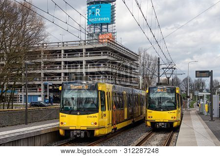 Utrecht, The Netherlands - April 03, 2018: Tram Station With Trams Near Park And Ride Transferium We