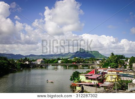 Mahebourg, Mauritius - Jan 3, 2017. River Scene With Many Buildings On The Bank In Mahebourg, Maurit