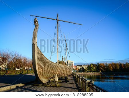 Vyborg, Russia - Oct 5, 2016. Drakkar (viking Wooden Boat) On The Waterfront In Vyborg, Russia. Vybo