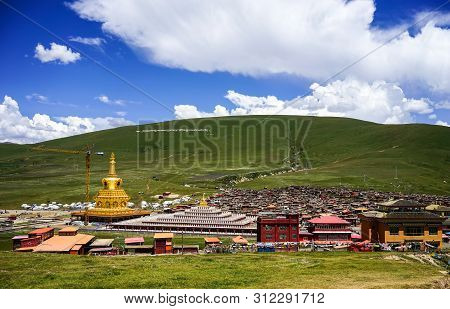 Sichuan, China - Aug 18, 2016. View Of Yarchen Gar Monastery In Garze Tibetan, Sichuan, China. Yarch