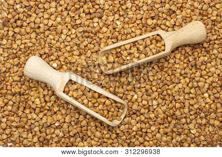 Lot Of Whole Raw Brown Buckwheat Grain With Wooden Scoop Flatlay Isolated
