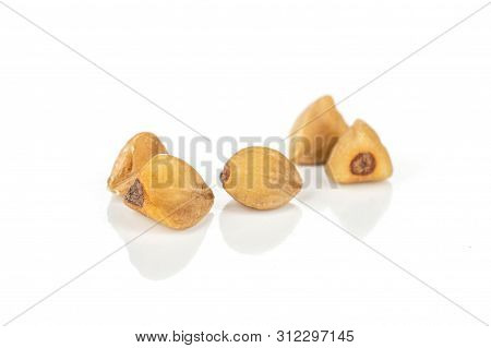 Group Of Five Whole Raw Brown Buckwheat Grain Isolated On White Background