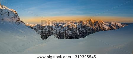 Landscape View To The North From The Mountain Hut Kredarica. Winter In Julian Alps, Slovenia, Europe