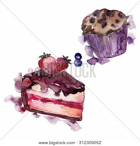 Tasty Cake And Bun In A Watercolor Style. Background Illustration Set. Watercolour Drawing Fashion A