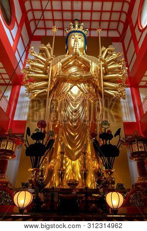 The gilded tall statue of Kannon in the Kimiidera temple in Wakayama, Japan
