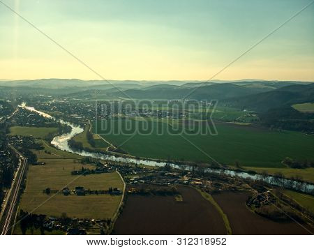 Cernosice Drone Aerial Flight Vltava River Farms Train