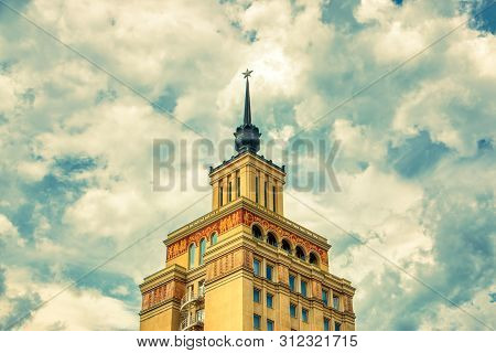 Prague June 20, 2019 - Hotel International Prague Under Sunny Day And Clouds With Warm Light Hdr