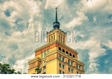 Prague June 20, 2019 - Hotel International Prague Under Sunny Day And Clouds With Warm Light Hdr