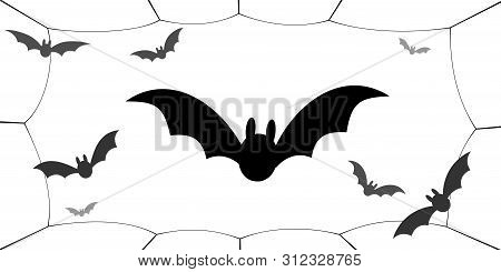 Bat Icons Set. Bat Wings, Black Web Silhouette Isolated White Background. Symbol Halloween Holiday, 