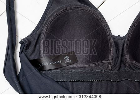 Kharkov, Ukraine - April 27, 2019: Inner Part Gray Swimsuit With Tag Debenhams. Close Up