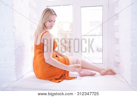Pretty Plus Size Caucasian Woman Drink Wine In The Morning Alone At Home