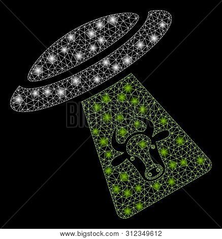 Glossy Mesh Cattle Ufo Abduction With Sparkle Effect. Abstract Illuminated Model Of Cattle Ufo Abduc