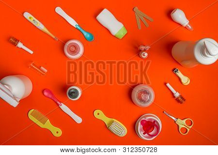 Top View Of Baby Healthcare Products With Copy Space