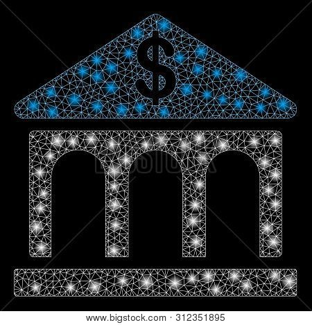 Flare Mesh Classic Bank Building With Lightspot Effect. Abstract Illuminated Model Of Classic Bank B