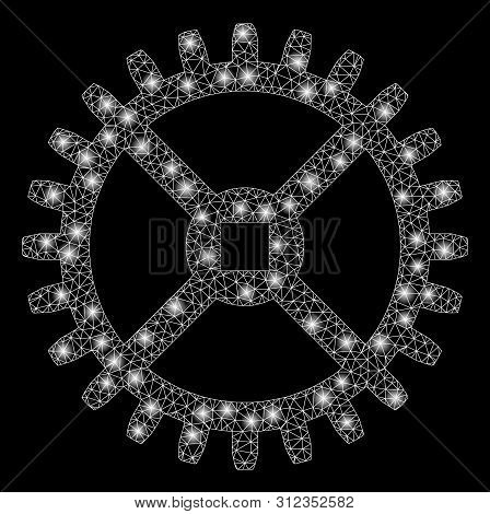 Flare Mesh Clock Tooth Wheel With Lightspot Effect. Abstract Illuminated Model Of Clock Tooth Wheel 